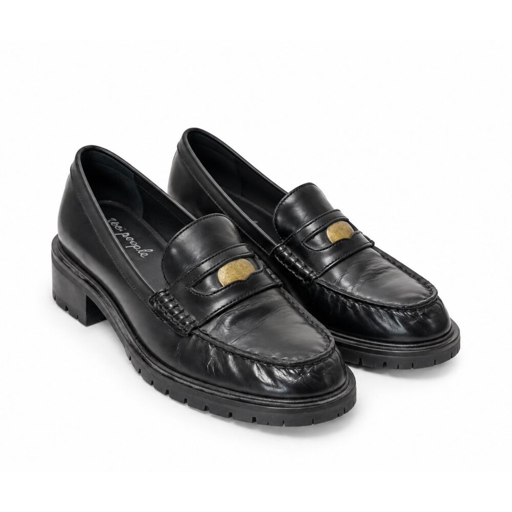 Free People Black Leather Penny Loafers Women 38 7.5 Chunky Classic Preppy